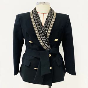HIGH STREET 최신 2024 세련된 디자이너 자켓 여성용 금속 시트 구슬 벨트 숄 칼라 블레이저