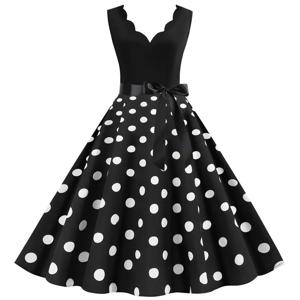 여성 레트로 여름 드레스 50s 60s 민소매 v 넥 폴카 도트 보우 볼 성장 파티 Sundress Robe Vestidos