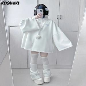봄 일본 캐주얼 솔리드 후드 여성 느슨한 Y2k 미적 오버 사이즈 자수 코트 하라주쿠 지퍼 그런지 스웨터