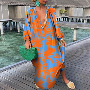 우아한 여성 맥시 드레스 2024 여름 캐주얼 패션 레트로 인쇄 V 넥 느슨한 Boho 긴 휴가 해변 드레스 여성 가운 새로운