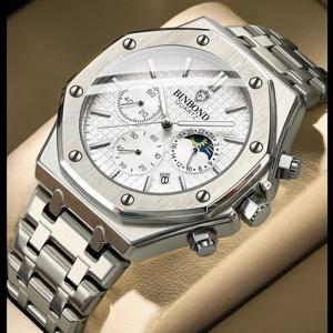 하이 엔드 세 눈 여섯 바늘 다기능 음력 단계 정밀 스틸 벨트 나비 버클 쿼츠 시계 Relojes Para Hombre