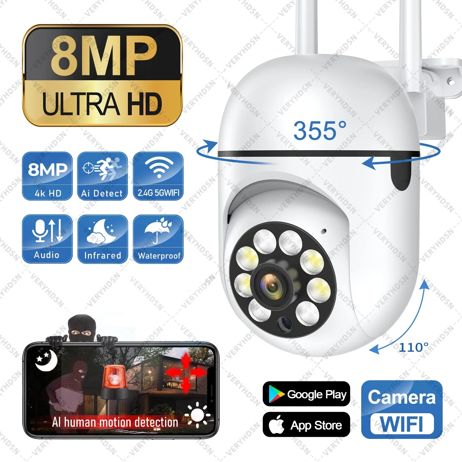 줌 카메라 AI 인간 추적 양방향 오디오 HD 야간 컬러 캠 8MP 무선 보안 감시 PTZ 카메라 Wifi IP 야외 4X