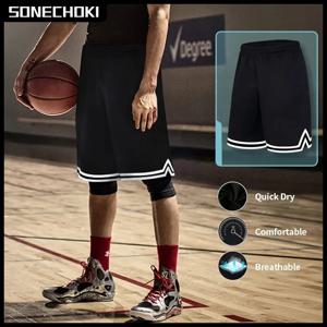 SONECHOKI 무릎 길이 농구 반바지 남성 스트라이프 루즈 러닝 스포츠 체육관 메쉬 통기성 피트니스 훈련 운동 하단 남성