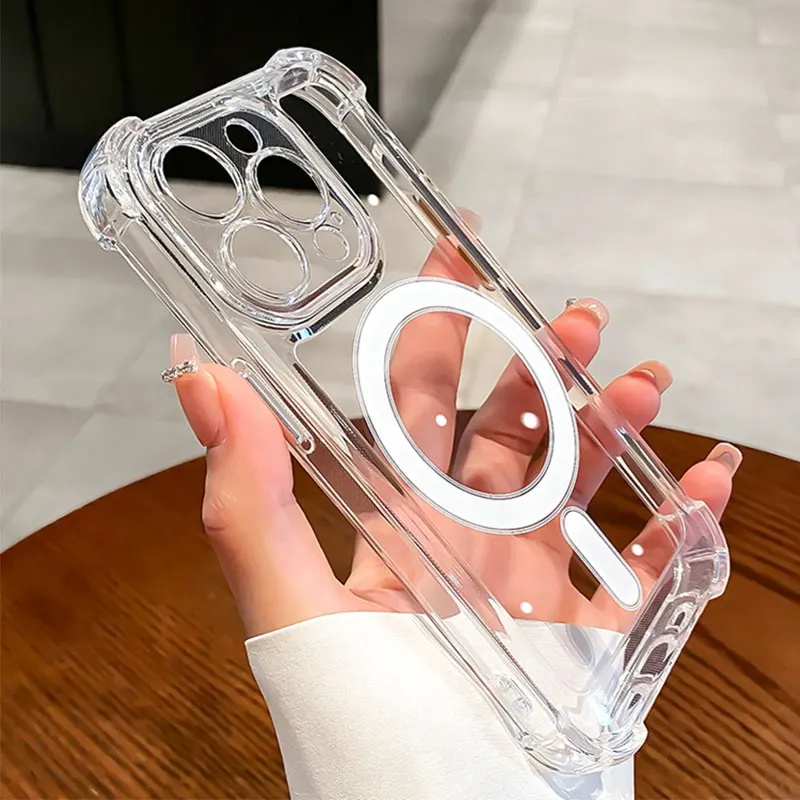 럭셔리 무선 충전 Magsafe 충격 방지 전화 케이스 iPhone 11 12 13 14 15 Pro Max Plus 투명 자기 범퍼 커버