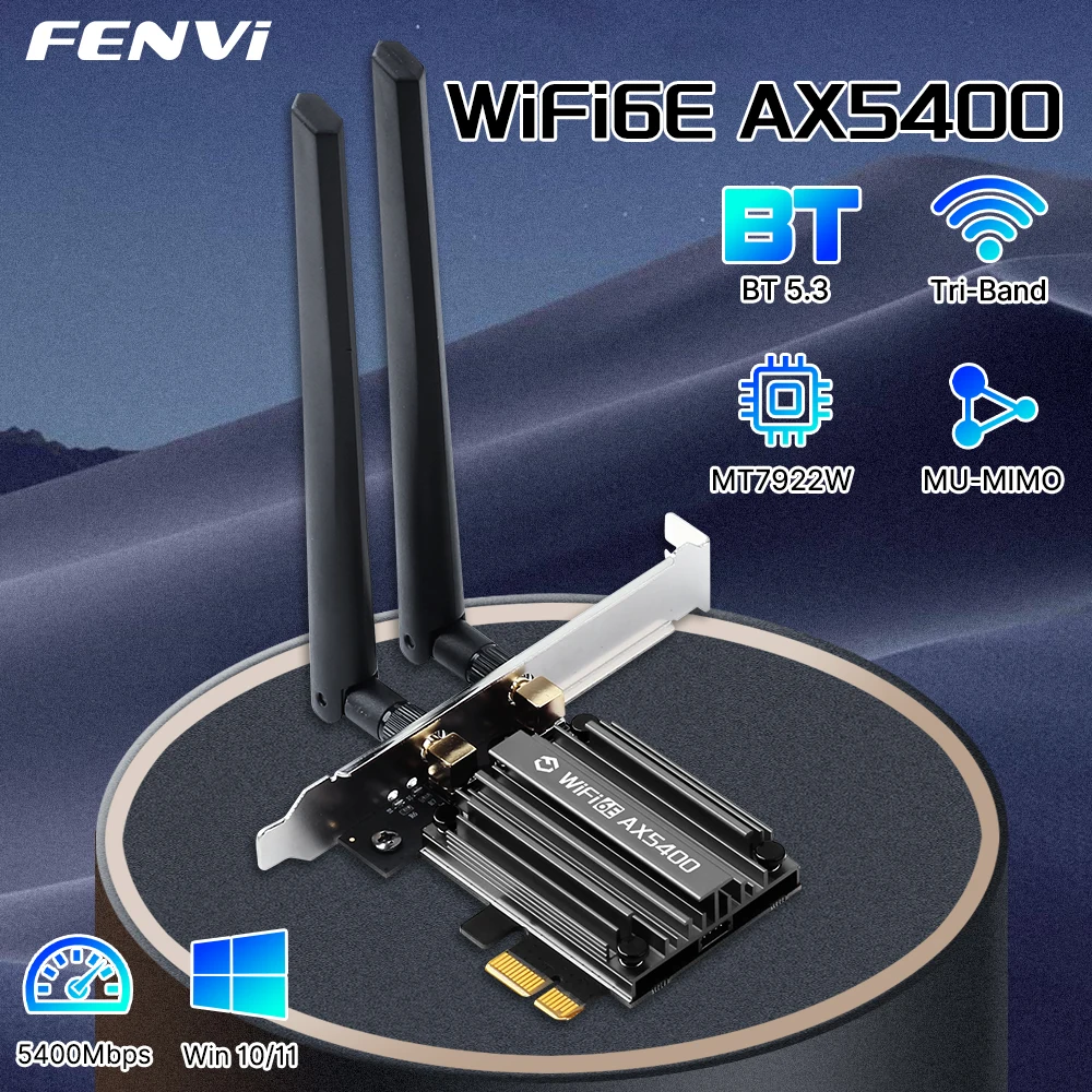 FENVI MT7922 5374Mbps WiFi 6E 어댑터 BT 5.2 트라이 밴드 2.4G/5G/6Ghz 무선 PCIE 어댑터 PC Win 10/11 용 802.11AX 네트워크 카드