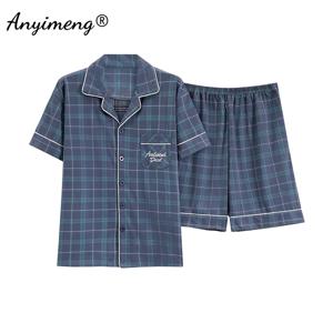 플러스 사이즈 L-5XL 격자 무늬 잠옷 남성 카디건 옷깃 신사의 홈웨어 여름 반바지 코튼 라운지웨어 파자마 보이 잠옷