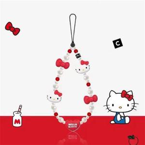 Kawaii Sanrio 휴대 전화 펜던트 만화 헬로 키티 분실 방지 매는 밧줄 키 짧은 손목 밧줄 애니메이션 레드 쥬얼리 키 체인