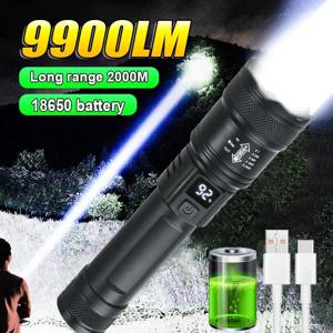 9900LM 강력한 LED 손전등 배터리 디스플레이 USB 충전식 라이트 텔레스코픽 줌 토치 램프 야외 캠핑 낚시 랜턴