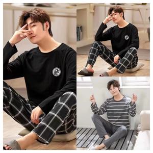 여름 남성 잠옷 2024 새로운 긴팔 대형 청소년 홈웨어 정장 검은 격자 무늬 바지 투피스 세트는 외부에서 착용 가능