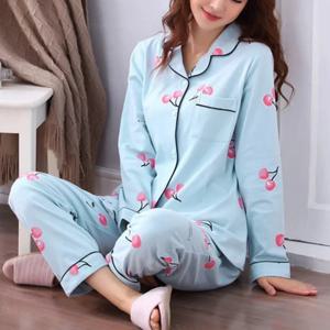 사계절 여성 잠옷 세트 옷깃 탑과 긴 바지 체크 무늬 스트라이프 프린트 2 피스 세트 Ladies Nightwear Homewear