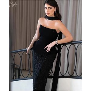 Mila 블랙 Strapless 트럼펫 맞춤형 댄스 파티 드레스 분리형 목도리 반짝 이는 스팽글 파티 드레스 발목 길이 이브닝 드레스