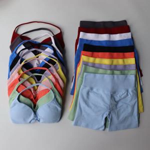 임팩트 체육관 세트 2 조각 여성 Strappy 요가 브래지어 탑 운동 Scrunch 반바지 스포츠 정장 피트니스 의류 원활한 요가 세트