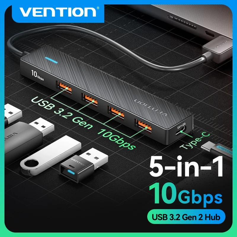 Vention Usb 허브 3.2 Xiaomi Macbook PC 컴퓨터 액세서리 용 노트북 멀티 분배기 어댑터 용 10Gbps 4 포트 ABS 허브 USB
