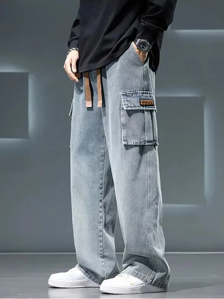 8XL 청바지 새로운 넓은 다리 세탁 바지 남성 바지 중립 솔리드 컬러 루즈 캐주얼 한국 패션 포켓 플러스 사이즈 카고 바지