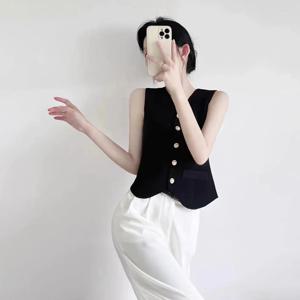 프랑스어 빈티지 조끼 v 넥 언더 셔츠 싱글 브레스트 민소매 슬림 니트 조끼 여성 패션 Bottoming Shirt Top