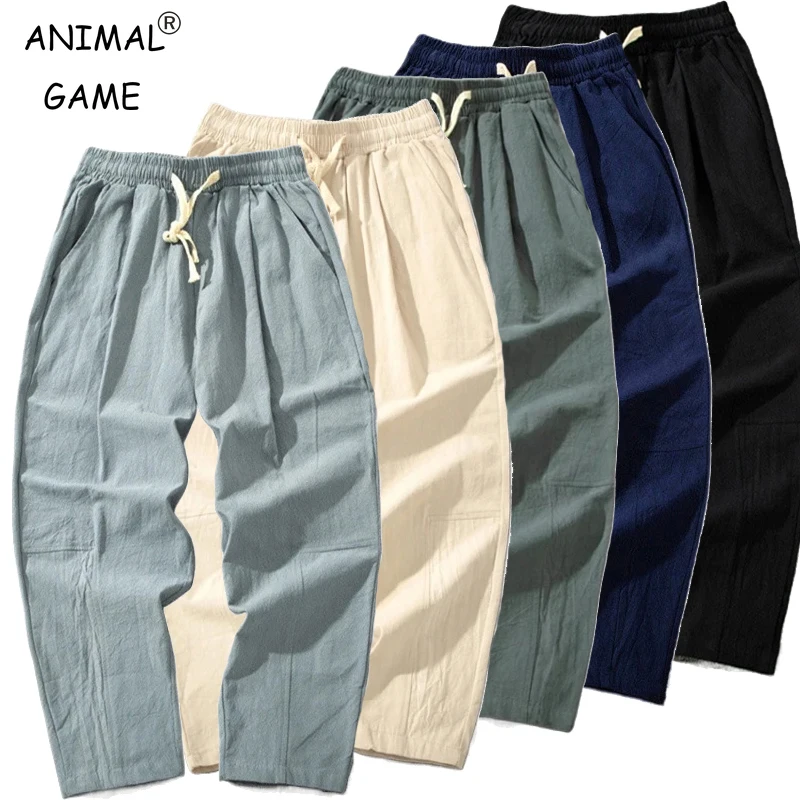 여름 남성 코튼 바지 캐주얼 솔리드 컬러 긴 바지 통기성 Drawstring 스트레이트 streetwear 하렘 바지 남성 헐렁한 바지