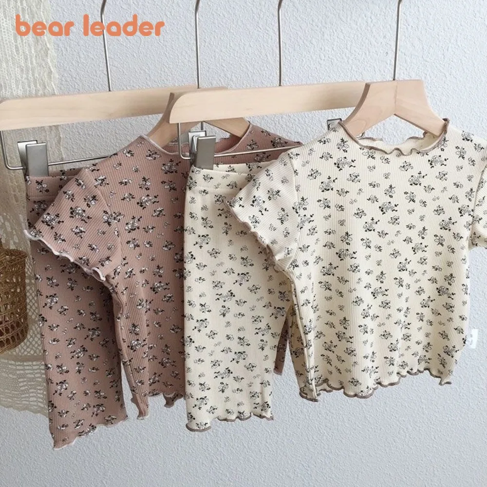 Bear Leader 여름 패션 새로운 짧은 소매 라운드 넥 꽃 프린트 티셔츠 탑 + 바지 2 피스 세트 아동 캐주얼 홈 의류