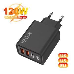 4 포트 USB 충전기 총 120W 유형 C iPhone 용 고속 충전 휴대 전화 어댑터 Samsung Xiaomi Huawei 빠른 충전 벽 충전기