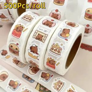 500Pcs Capybara 스티커 롤 방수 PVC 자체 접착 데칼 귀여운 동물 및 음식 테마 노트북 스크랩북 전화에 적합
