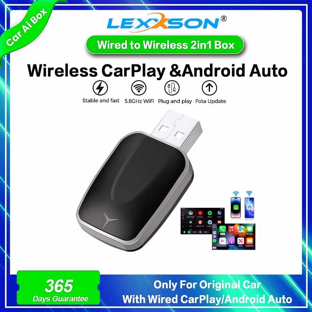 2 in 1 AI Box 미니 어댑터는 무선 Carplay 및 Android Auto에 유선으로 연결되어 자동차 플러그 앤 플레이 WiFi 스마트 동글의 99%와 호환됩니다.