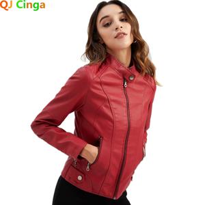 봄/가을 새로운 스타일 Gules 가죽 자켓 여성 유행 트림 오토바이 여성 코트 블랙 퍼플 브라운 S-4XL