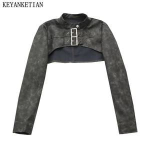 KEYANKETIAN 가을 새로운 여성의 울트라 짧은 가짜 가죽 자켓 하이 스트리트 세련된 오-넥 긴 소매 지퍼 업 슬림 크롭 탑