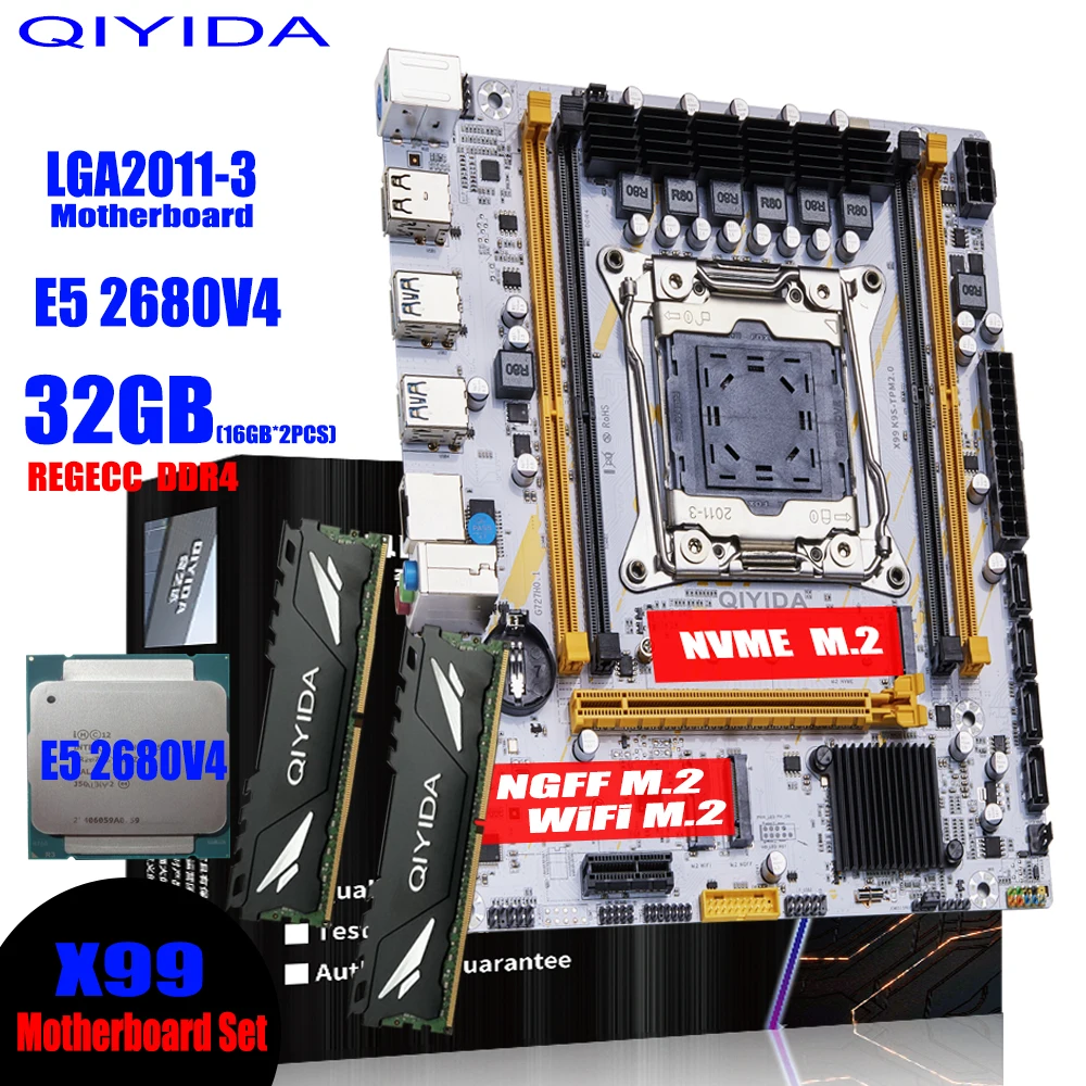 QIYIDA 마더보드 LGA 2011-3 세트 키트, Xeon E5 2680 V4 CPU 프로세서, 32G = 2*16G DDR4 REG ECC RAM 메모리 이름 M.2