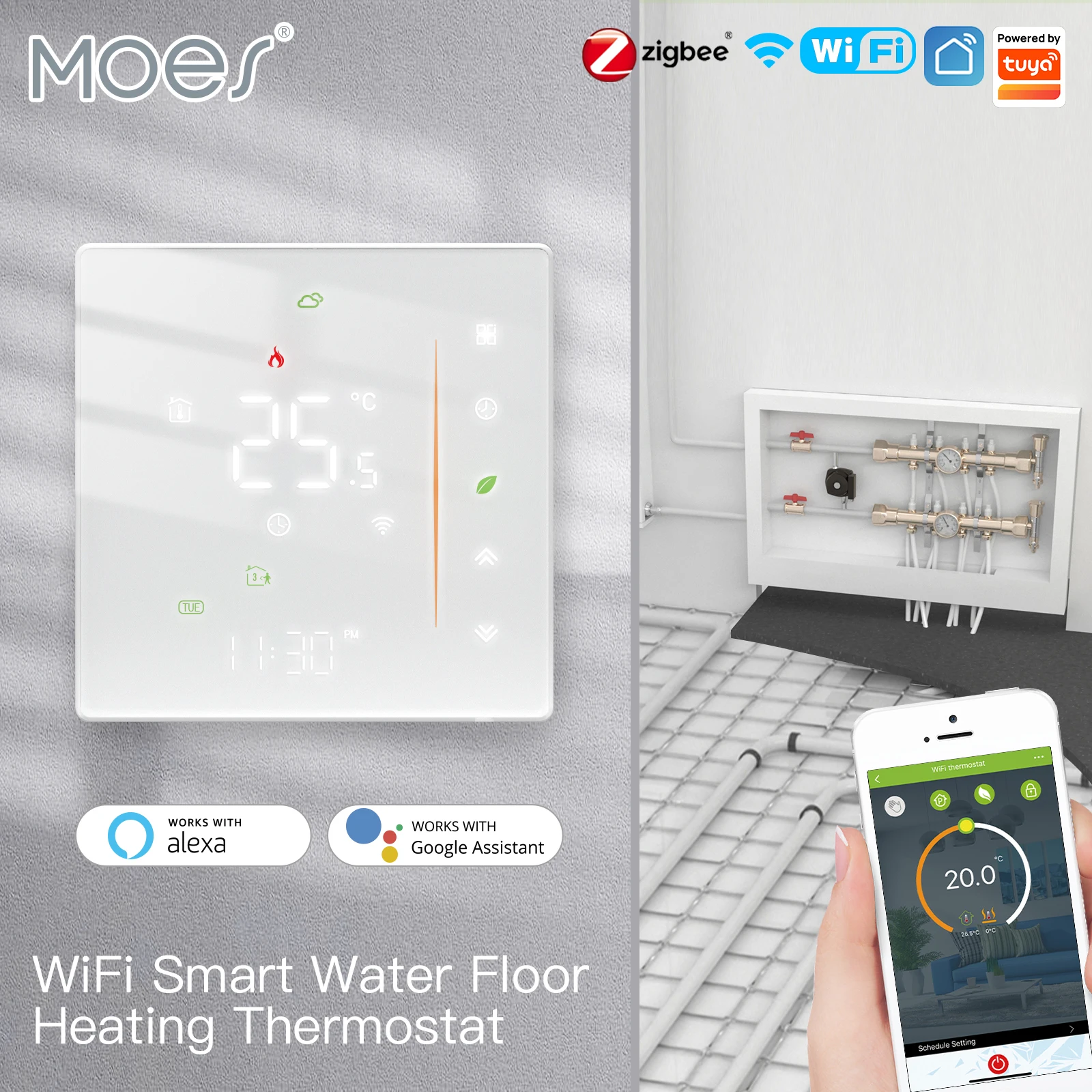 MOES 물/전기 바닥 난방 온도 조절기 Zigbee 물 가스 보일러 온도 제어 Tuya/Smart APP Alexa Google Voice
