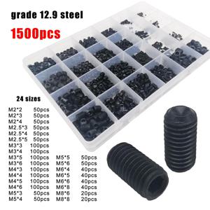 500/1500pcs M2-M8 DIN916 블랙 스틸 304 스테인레스 스틸 육각 육각형 소켓 알렌 컵 포인트 세트 스크류 그럽 볼트 구색 키트