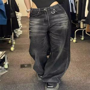 캐주얼 빈티지 블랙 청바지 가을 겨울 와이드 레그 팬츠 여성 오버 사이즈 하이 웨스트 하라주쿠 바지 Y2K 헐렁한 데님 바지 힙합