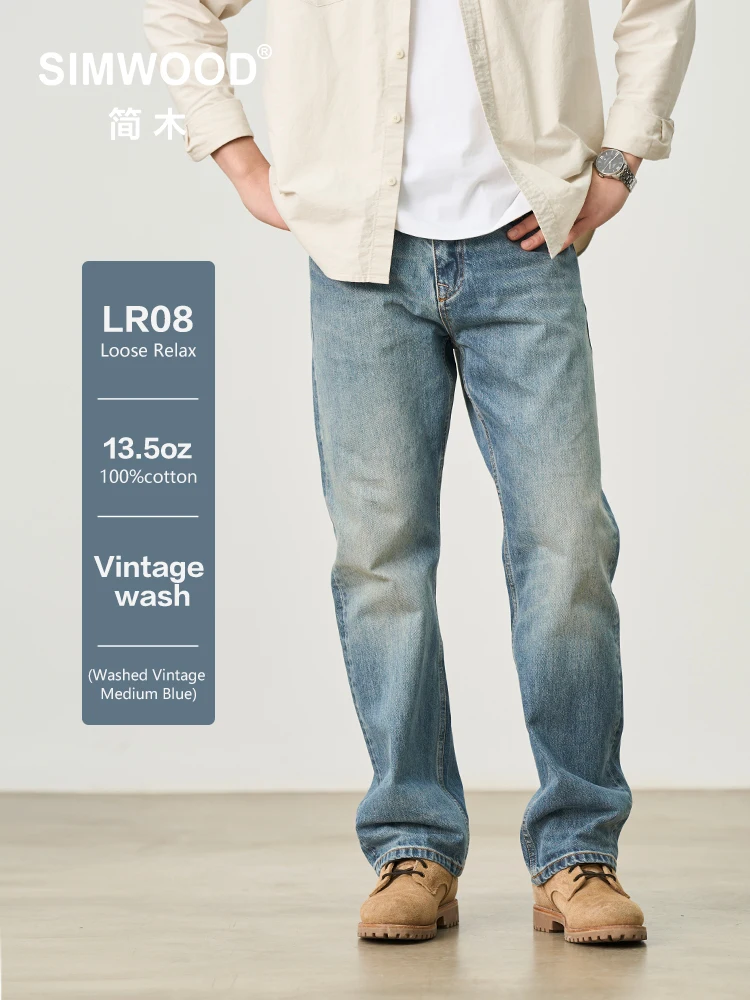 SIMWOOD 남성용 하이 퀄리티 데님 바지, 루즈한 릴렉스 13.5oz 100% 코튼 원단 워싱 빈티지 청바지, 2025 용수철, 신제품