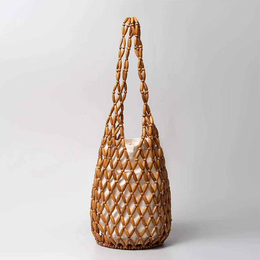 여성 짠 손 가방 여름 디자인 중공 나무 구슬 토트 버킷 숄더 가방 여성 Reticulate Netted Canvas Beach 핸드백