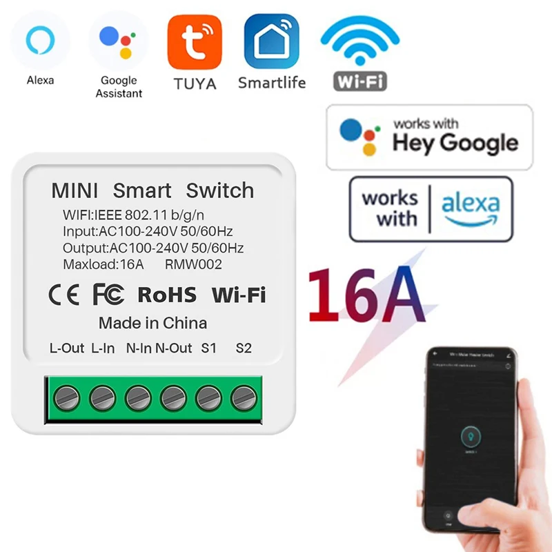 16A 미니 Wifi 스위치 DIY 스마트 홈 양방향 제어 릴레이 스마트 라이프 APP 제어 원격 타이머는 Alexa Google Home Alice와 함께 작동합니다.
