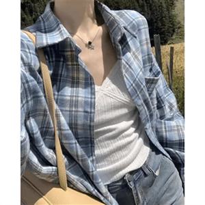 루즈핏 셔츠 통근 한국 스타일 루즈핏 긴팔 여성용 신상품 한국 스타일 캐주얼 심플한 체크무늬 셔츠 블라우스 셔츠