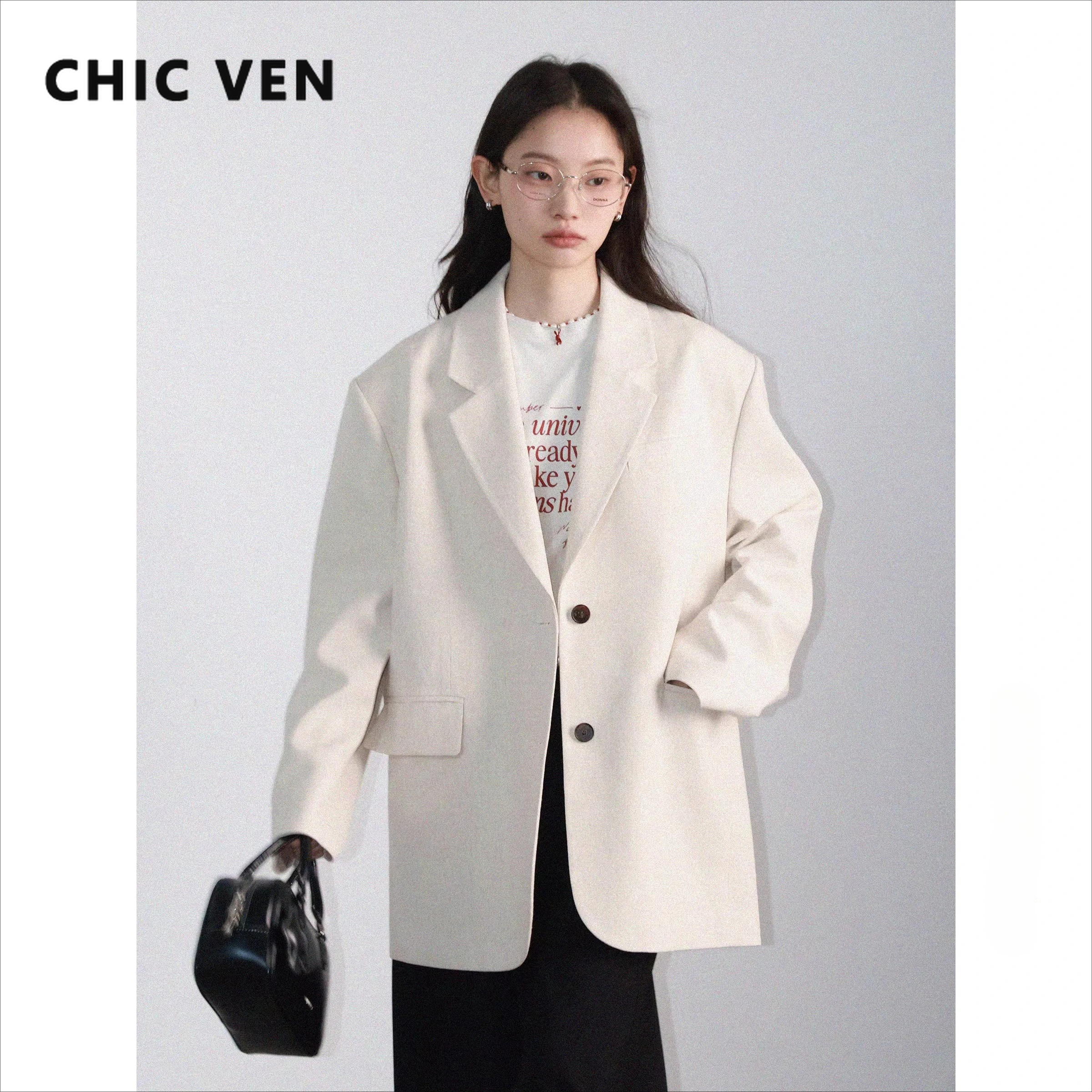 CHIC VEN 여성 블레이저 싱글 브레스트 루즈 캐주얼 긴 소매 오버 사이즈 여성 자켓 공식 여성 코트 봄 가을 2025