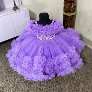 보라색 생일 공주 진주 Tulle 미인 대회 드레스 반짝이 꽃의 소녀 드레스 파티 활 긴 기차와 공식 예복 가운