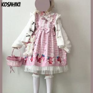 KOSAHIKI 일본 로리타 드레스 소녀 딸기 토끼 Jsk 드레스 여성 하라주쿠 민소매 귀여운 2025 Cosplay Vestido