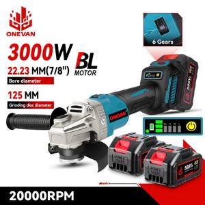 ONEVAN 125MM 브러시리스 전기 앵글 그라인더 3000W 6단 변속 광택 커터 금속 목재 파워툴 (마키타 18V 배터리 핀용)