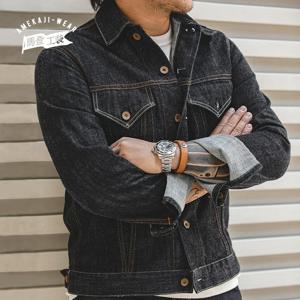 Maden 남성 클래식 14.8온스 3세대 데님 자켓 노출된 솔기 패치 포켓 빈티지 워싱 다크 블루 자켓 가을에 어울리는 자켓