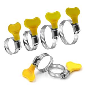 5 개 8-44mm 조정 가능한 노란색 플라스틱 손잡이 핸드 트위스트 호스 클램프 웜 구동 201 스테인레스 스틸 파이프 클립 튜브