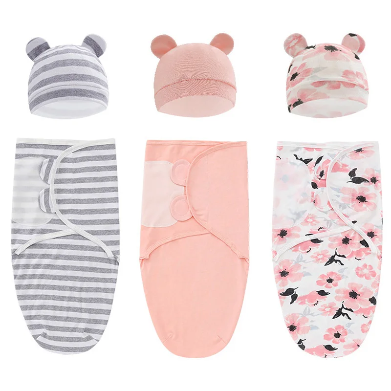 모슬린 신생아 침낭 모자 세트 코튼 베이비 Swaddle 담요 랩 조정 가능한 새로 태어난 수면 자루 유아 잠옷 0-6M
