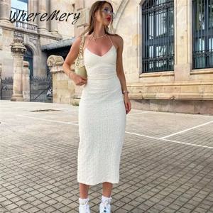 WhereMery 우아한 민소매 롱 드레스 Y2K 여름 백리스 슬림 로우 컷 여성 드레스 패션 솔리드 니트 streetwear 클럽 가운
