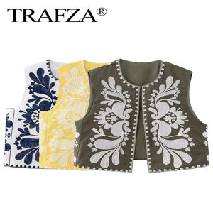 TRAFZA 여성 꽃 수 놓은 조끼 탑 여름 캐주얼 빈티지 Y2k 카디건 양복 조끼 여성 세련된 느슨한 겉옷 Vsets