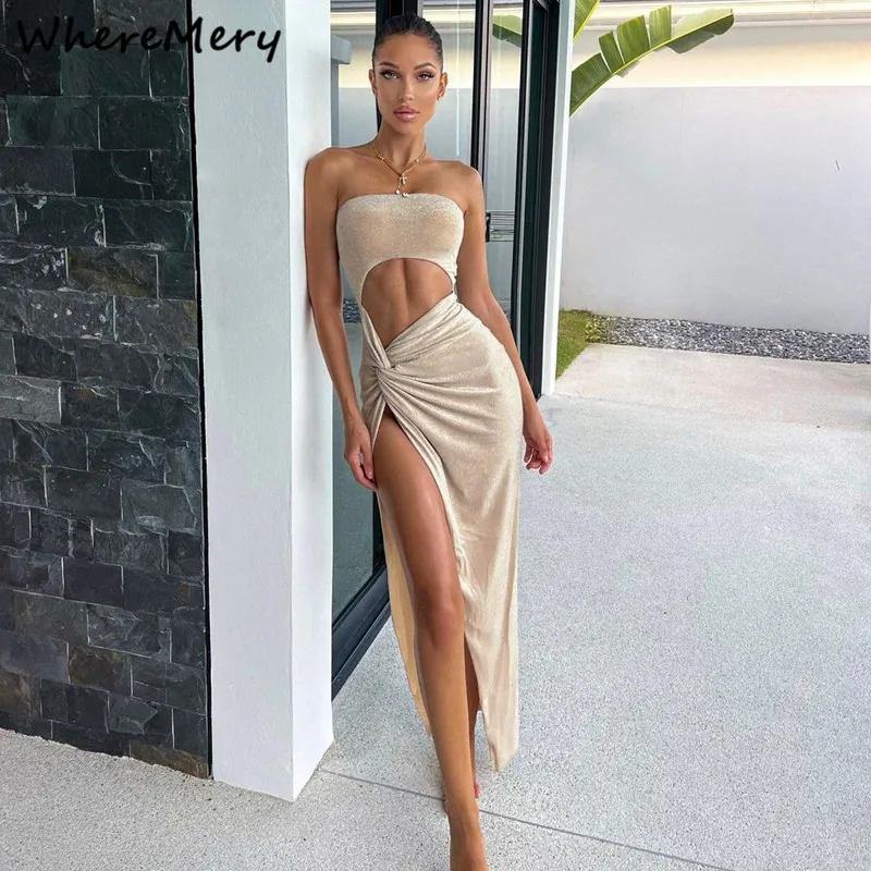WhereMery 섹시한 민소매 슬릿 드레스 중공 우아한 스키니 여성 롱 드레스 여름 2024 패션 숙녀 파티 클럽 Vestidos
