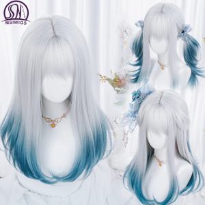 MSIWIGS 여성 합성 로리타 가발 롱 스트레이트 옹 브르 2 톤 실버 그레이 블루 헤어 코스프레 Bangs