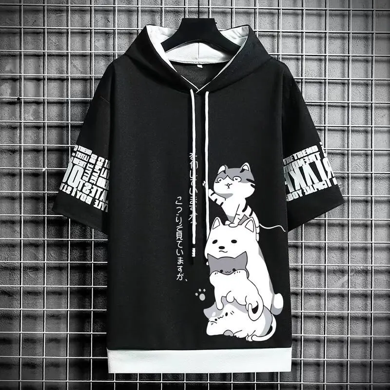 일본 패션 남성 후드 여름 남성 의류 만화 캐주얼 하라주쿠 streetwear 프린트 후드 탑 반소매 스웨트 남성