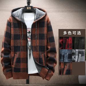 남자의 새로운 겨울 격자 무늬 스웨터 후드 가디건 콜드 코트 울 지퍼 자켓 가을 양털 따뜻한 옷 체크 무늬 니트 점퍼