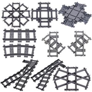 MOC 도시 기차 레일 횡단 유연한 트랙 포크 직선 곡선 레일 스위치 빌딩 블록 벽돌 크리 에이 티브 DIY 완구