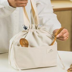 Drawstring 캔버스 절연 점심 가방 사무실 야외 피크닉을위한 두꺼운 알루미늄 호일 열 도시락 상자 토트 쿨러 핸드백