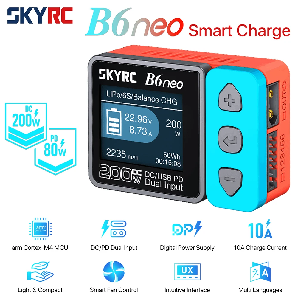 SkyRC B6 neo 스마트 충전기 DC 200W PD 80W LiPo 배터리 밸런스 충전기 SK- 100198   컴팩트 6S 충전기 방전기